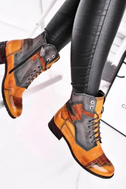 Maciejka Botki Damskie Skórzane Trzewiki Ocieplane Żółte 04625-07