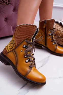 Outlet Botki Damskie Skórzane Trzewiki Żółte 3623A-07 Damskie Botki Maciejka|Botki Sznurowane