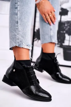 Outlet Botki Damskie Skórzane Trzewiki Czarne 04744-20 Damskie Botki Maciejka|Botki Sznurowane