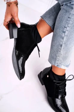 Outlet Botki Damskie Skórzane Trzewiki Czarne 04744-20 Damskie Botki Maciejka|Botki Sznurowane