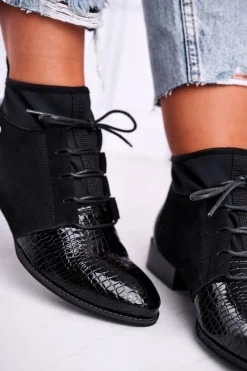 Outlet Botki Damskie Skórzane Trzewiki Czarne 04744-20 Damskie Botki Maciejka|Botki Sznurowane