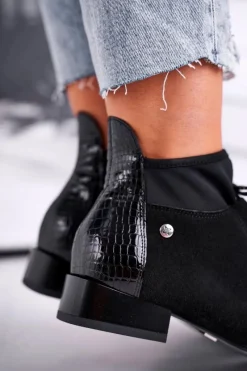 Outlet Botki Damskie Skórzane Trzewiki Czarne 04744-20 Damskie Botki Maciejka|Botki Sznurowane