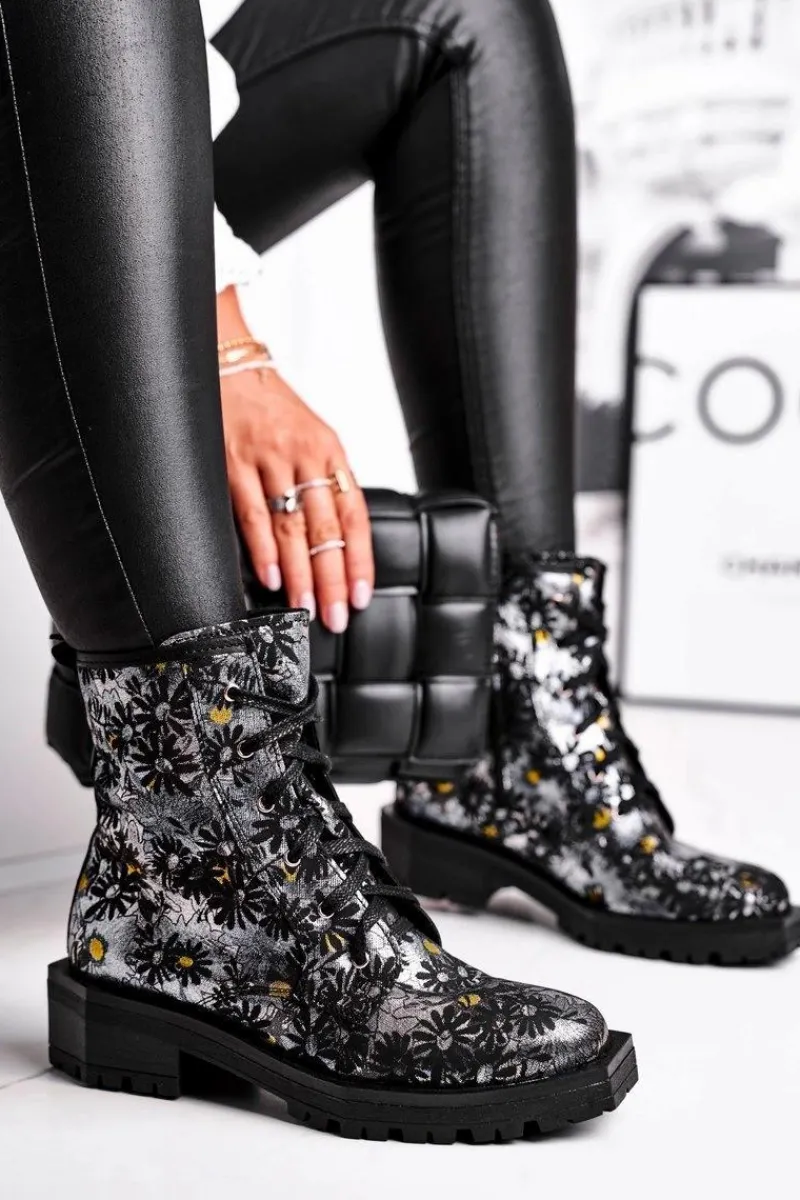 Best Botki Damskie Skórzane Trzewiki Kwiaty 04869-38 Damskie Botki Maciejka|Botki Sznurowane