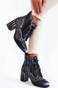 Botki Maciejka|Botki Na Słupku>Maciejka Botki Damskie Skórzane Trzewiki Czarne 03190-20