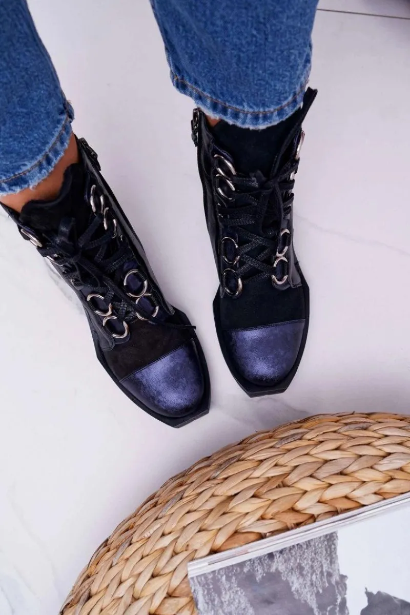 Botki Damskie Skórzane Trzewiki Granatowe 04184-17/00-3 Damskie Botki Maciejka|Botki Sznurowane