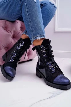 Botki Damskie Skórzane Trzewiki Granatowe 04184-17/00-3 Damskie Botki Maciejka|Botki Sznurowane