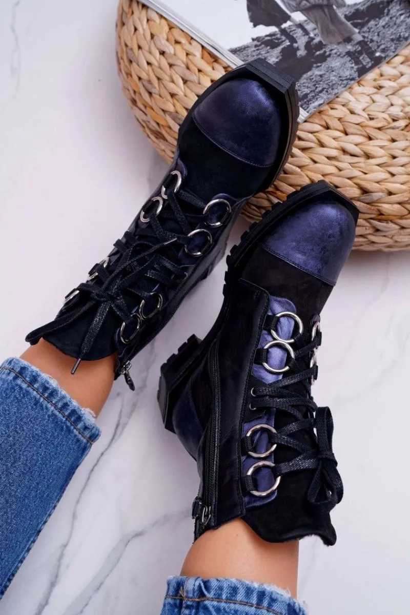 Botki Damskie Skórzane Trzewiki Granatowe 04184-17/00-3 Damskie Botki Maciejka|Botki Sznurowane