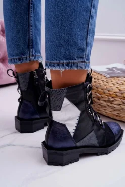 Botki Damskie Skórzane Trzewiki Granatowe 04184-17/00-3 Damskie Botki Maciejka|Botki Sznurowane
