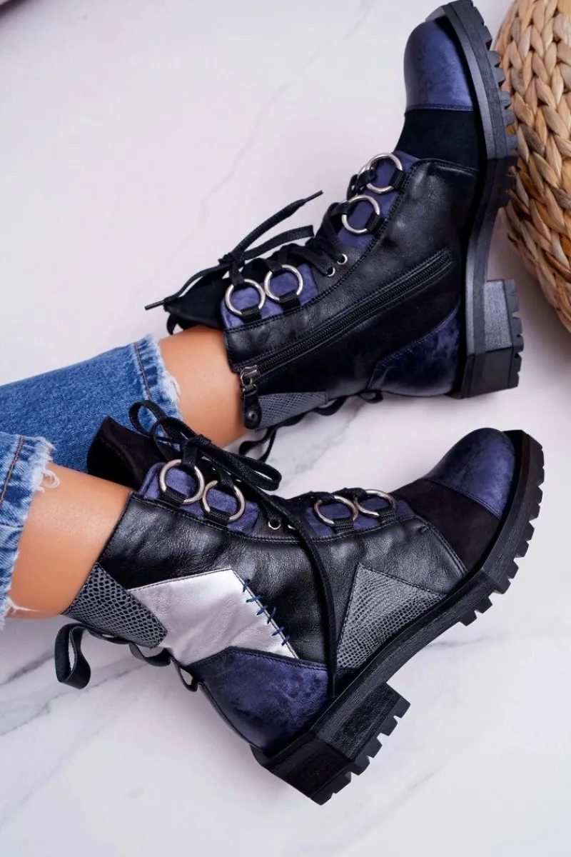 Botki Damskie Skórzane Trzewiki Granatowe 04184-17/00-3 Damskie Botki Maciejka|Botki Sznurowane