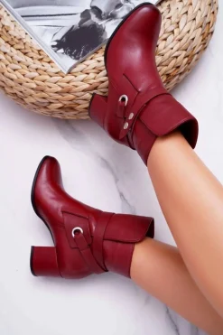 Discount Laura Messi Botki Damskie Skórzane Wsuwane Bordowe 1820