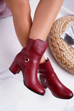 Discount Laura Messi Botki Damskie Skórzane Wsuwane Bordowe 1820