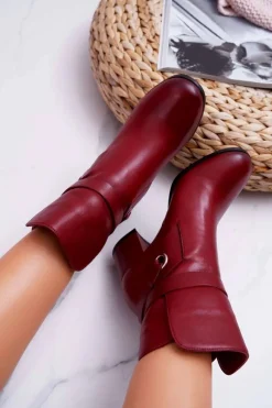 Discount Laura Messi Botki Damskie Skórzane Wsuwane Bordowe 1820