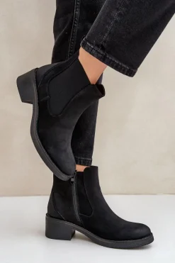 Discount Boto Botki Damskie Sztyblety Ocieplane Niski Obcas Zamek Czarne Savalindra