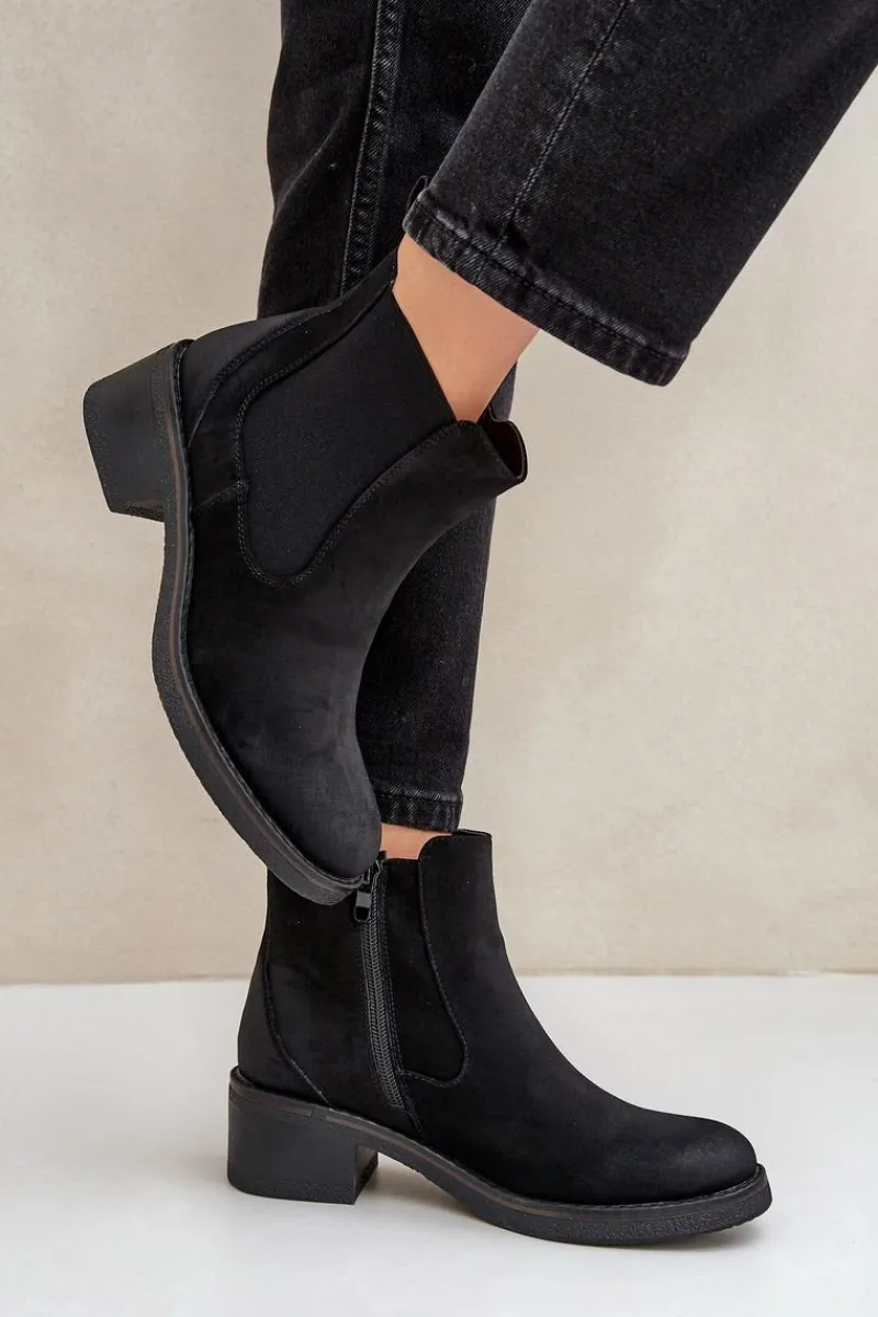 Discount Boto Botki Damskie Sztyblety Ocieplane Niski Obcas Zamek Czarne Savalindra