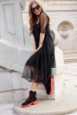 Clearance Botki Damskie Trapery Czarne Czerwone Zamszowe Malawi Damskie Damskie Trapery|Botki Sznurowane