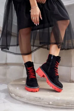 Clearance Botki Damskie Trapery Czarne Czerwone Zamszowe Malawi Damskie Damskie Trapery|Botki Sznurowane