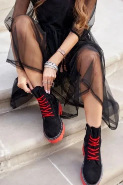 Clearance Botki Damskie Trapery Czarne Czerwone Zamszowe Malawi Damskie Damskie Trapery|Botki Sznurowane