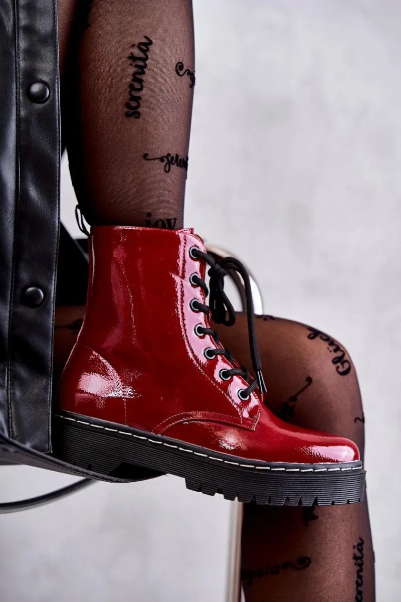 Botki Damskie Trapery Czerwone Kognito Damskie Damskie Trapery|Botki Sznurowane