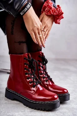 Botki Damskie Trapery Czerwone Kognito Damskie Damskie Trapery|Botki Sznurowane