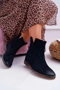 Botki Na Koturnie|Botki Zamszowe>Boto Botki Damskie Ukryty Koturn Płaski Obcas Czarne Nicole 2419