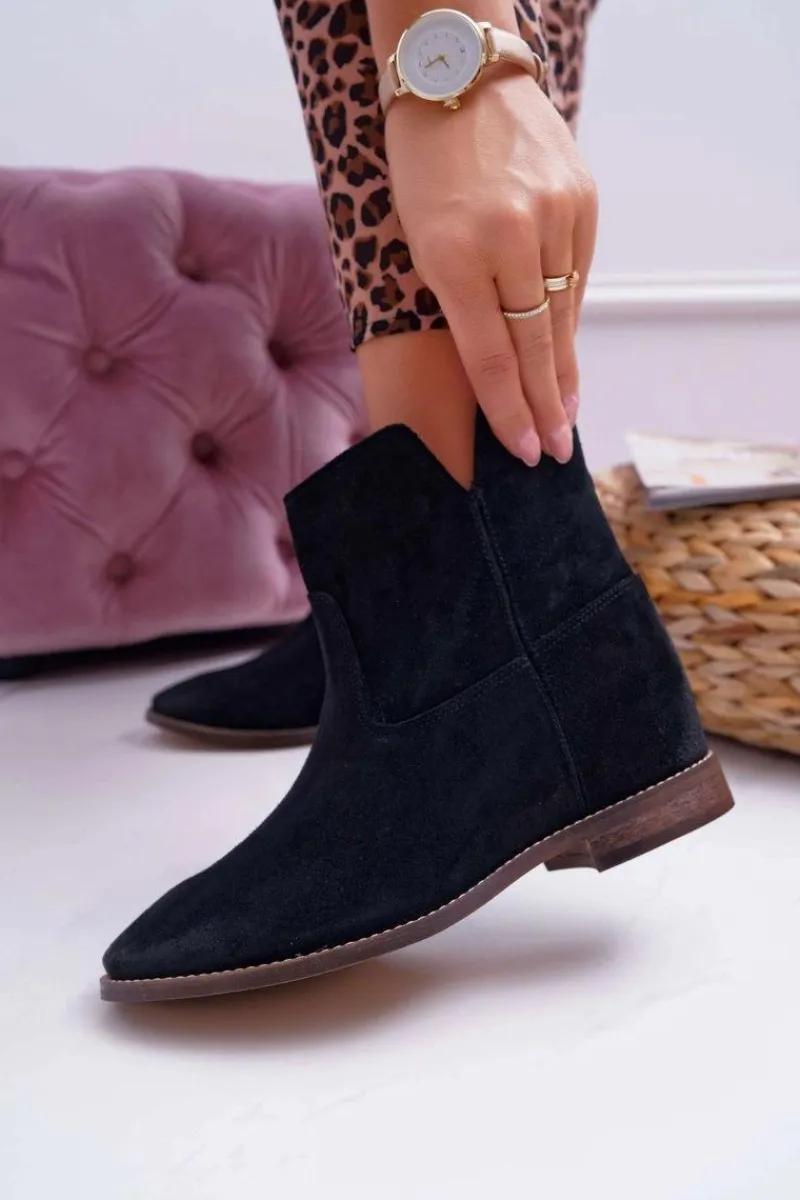 Botki Na Koturnie|Botki Zamszowe>Boto Botki Damskie Ukryty Koturn Płaski Obcas Czarne Nicole 2419