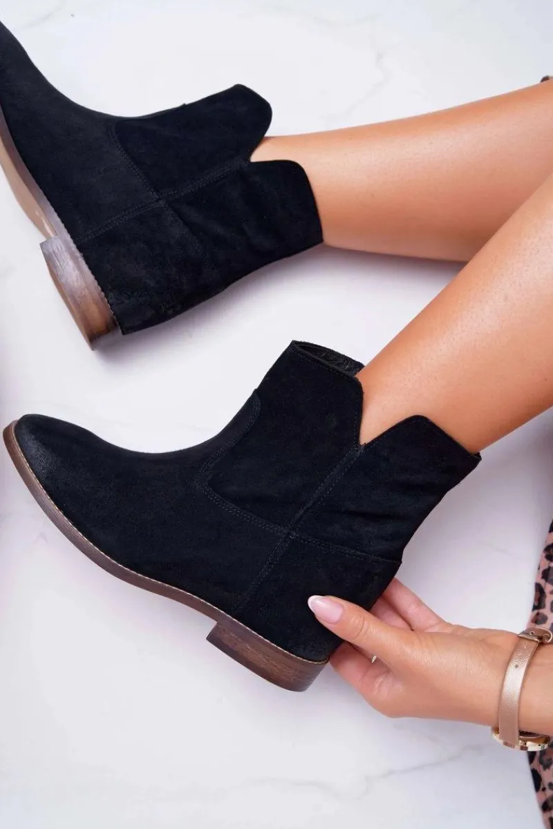 Botki Na Koturnie|Botki Zamszowe>Boto Botki Damskie Ukryty Koturn Płaski Obcas Czarne Nicole 2419