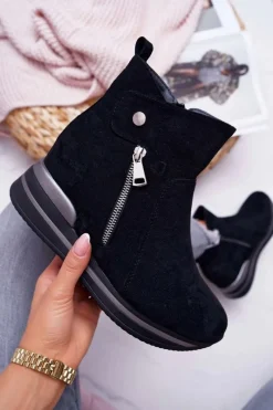 Botki Zamszowe|Botki Płaskie>Boto Botki Damskie Ukryty Koturn Czarne Crazyness