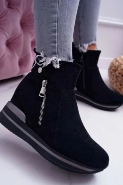 Botki Zamszowe|Botki Płaskie>Boto Botki Damskie Ukryty Koturn Czarne Crazyness