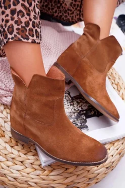 Botki Na Koturnie|Brązowe I Beżowe Botki>Boto Botki Damskie Ukryty Koturn Płaski Obcas Brązowe Nicole 2419