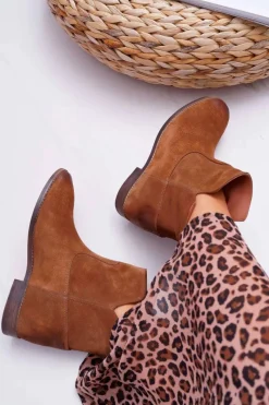 Botki Na Koturnie|Brązowe I Beżowe Botki>Boto Botki Damskie Ukryty Koturn Płaski Obcas Brązowe Nicole 2419