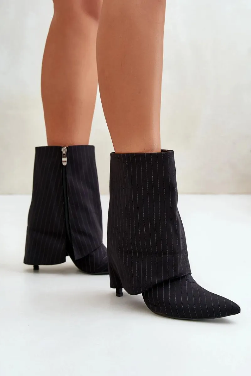 Outlet Boto Botki Damskie W Paski Na Szpilce Z Wywiniętą Cholewką I Noskami W Szpic Czarne Naritua Czarny