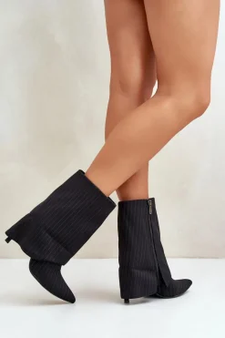 Outlet Boto Botki Damskie W Paski Na Szpilce Z Wywiniętą Cholewką I Noskami W Szpic Czarne Naritua Czarny