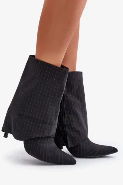 Outlet Boto Botki Damskie W Paski Na Szpilce Z Wywiniętą Cholewką I Noskami W Szpic Czarne Naritua Czarny