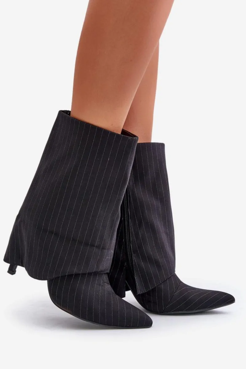 Outlet Boto Botki Damskie W Paski Na Szpilce Z Wywiniętą Cholewką I Noskami W Szpic Czarne Naritua Czarny
