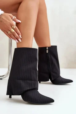Outlet Boto Botki Damskie W Paski Na Szpilce Z Wywiniętą Cholewką I Noskami W Szpic Czarne Naritua Czarny