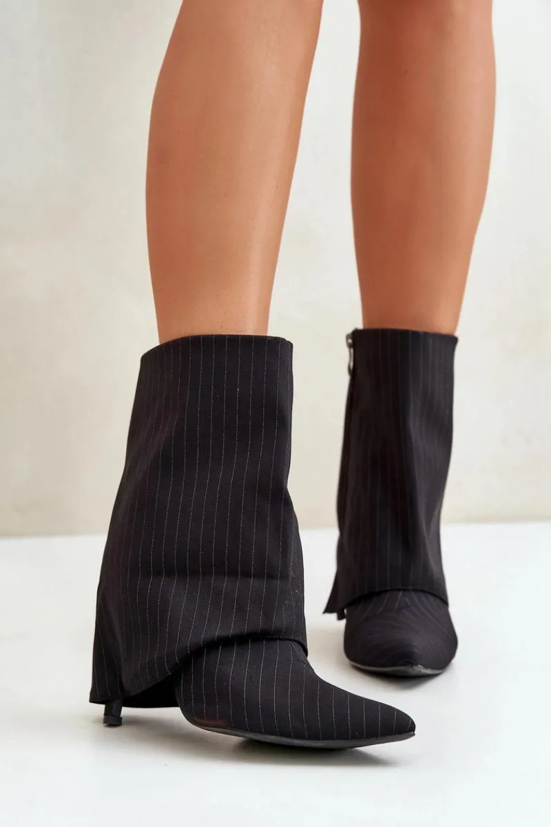 Outlet Boto Botki Damskie W Paski Na Szpilce Z Wywiniętą Cholewką I Noskami W Szpic Czarne Naritua Czarny