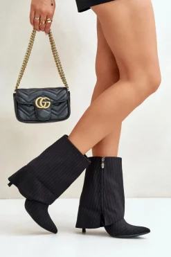 Outlet Boto Botki Damskie W Paski Na Szpilce Z Wywiniętą Cholewką I Noskami W Szpic Czarne Naritua Czarny