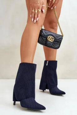 Botki Na Obcasie>Boto Botki Damskie W Paski Na Szpilce Z Wywiniętą Cholewką I Noskami W Szpic Granatowe Naritua Niebieski