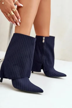 Botki Na Obcasie></noscript>Boto Botki Damskie W Paski Na Szpilce Z Wywiniętą Cholewką I Noskami W Szpic Granatowe Naritua Niebieski