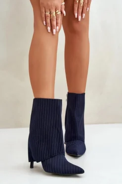 Botki Na Obcasie></noscript>Boto Botki Damskie W Paski Na Szpilce Z Wywiniętą Cholewką I Noskami W Szpic Granatowe Naritua Niebieski