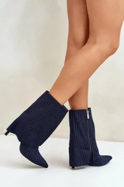 Botki Na Obcasie></noscript>Boto Botki Damskie W Paski Na Szpilce Z Wywiniętą Cholewką I Noskami W Szpic Granatowe Naritua Niebieski