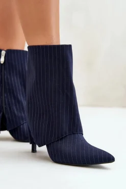 Botki Na Obcasie></noscript>Boto Botki Damskie W Paski Na Szpilce Z Wywiniętą Cholewką I Noskami W Szpic Granatowe Naritua Niebieski