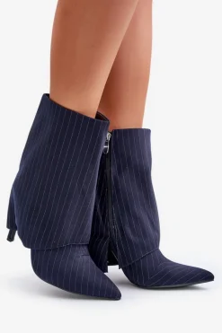 Botki Na Obcasie></noscript>Boto Botki Damskie W Paski Na Szpilce Z Wywiniętą Cholewką I Noskami W Szpic Granatowe Naritua Niebieski