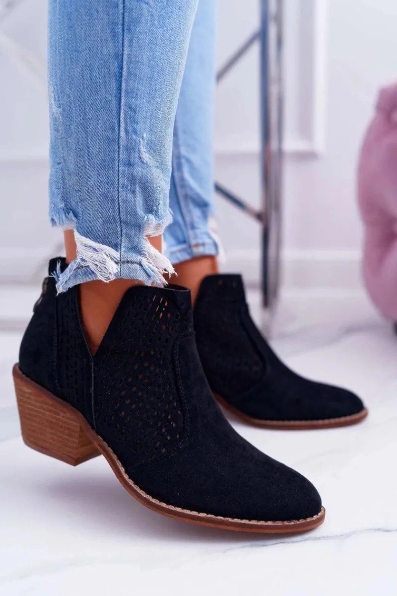 Outlet Botki Damskie Wiosenne Kowbojki Czarne Matty Damskie Botki Wiosenne|Botki Na Obcasie