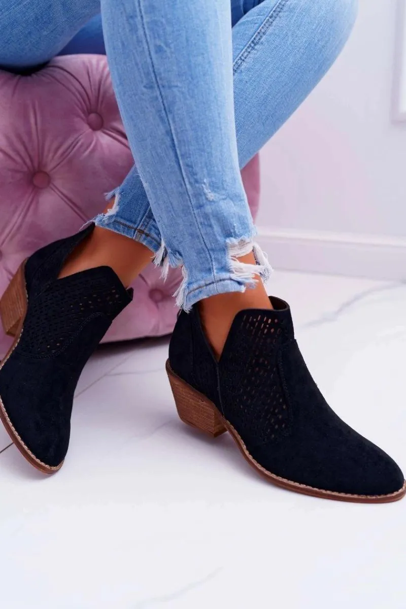 Outlet Botki Damskie Wiosenne Kowbojki Czarne Matty Damskie Botki Wiosenne|Botki Na Obcasie