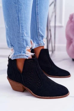 Outlet Botki Damskie Wiosenne Kowbojki Czarne Matty Damskie Botki Wiosenne|Botki Na Obcasie