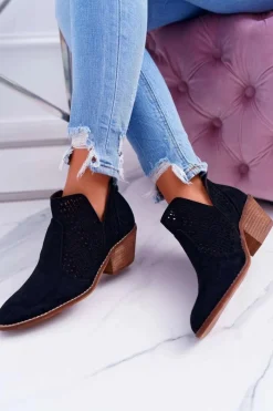 Outlet Botki Damskie Wiosenne Kowbojki Czarne Matty Damskie Botki Wiosenne|Botki Na Obcasie