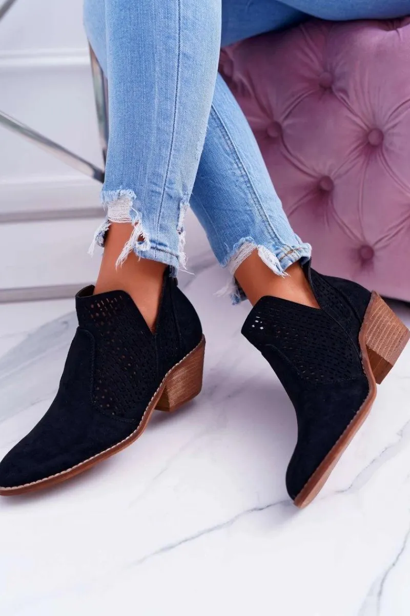 Outlet Botki Damskie Wiosenne Kowbojki Czarne Matty Damskie Botki Wiosenne|Botki Na Obcasie