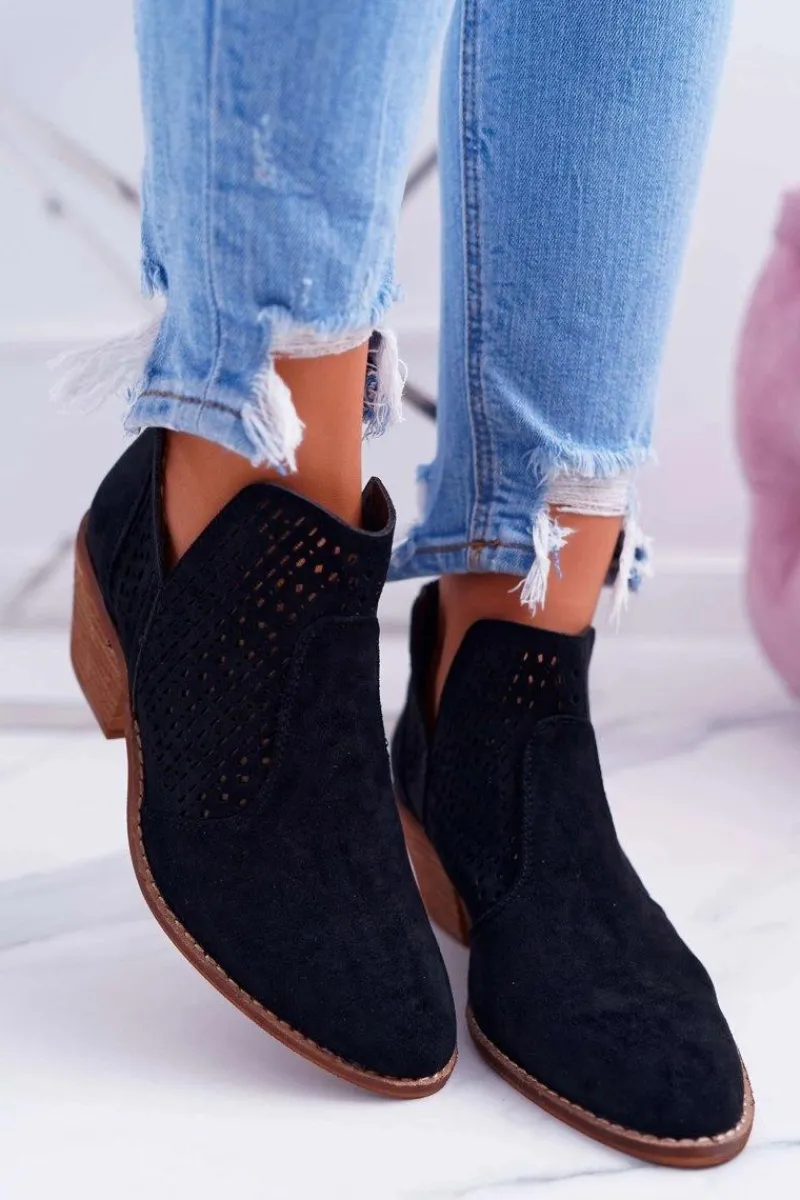 Outlet Botki Damskie Wiosenne Kowbojki Czarne Matty Damskie Botki Wiosenne|Botki Na Obcasie