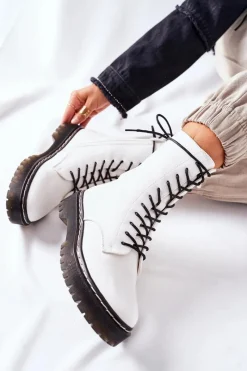 Damskie Trapery|Botki Sznurowane>Damskie buty S.Barski Botki Damskie Workery Białe Corydon